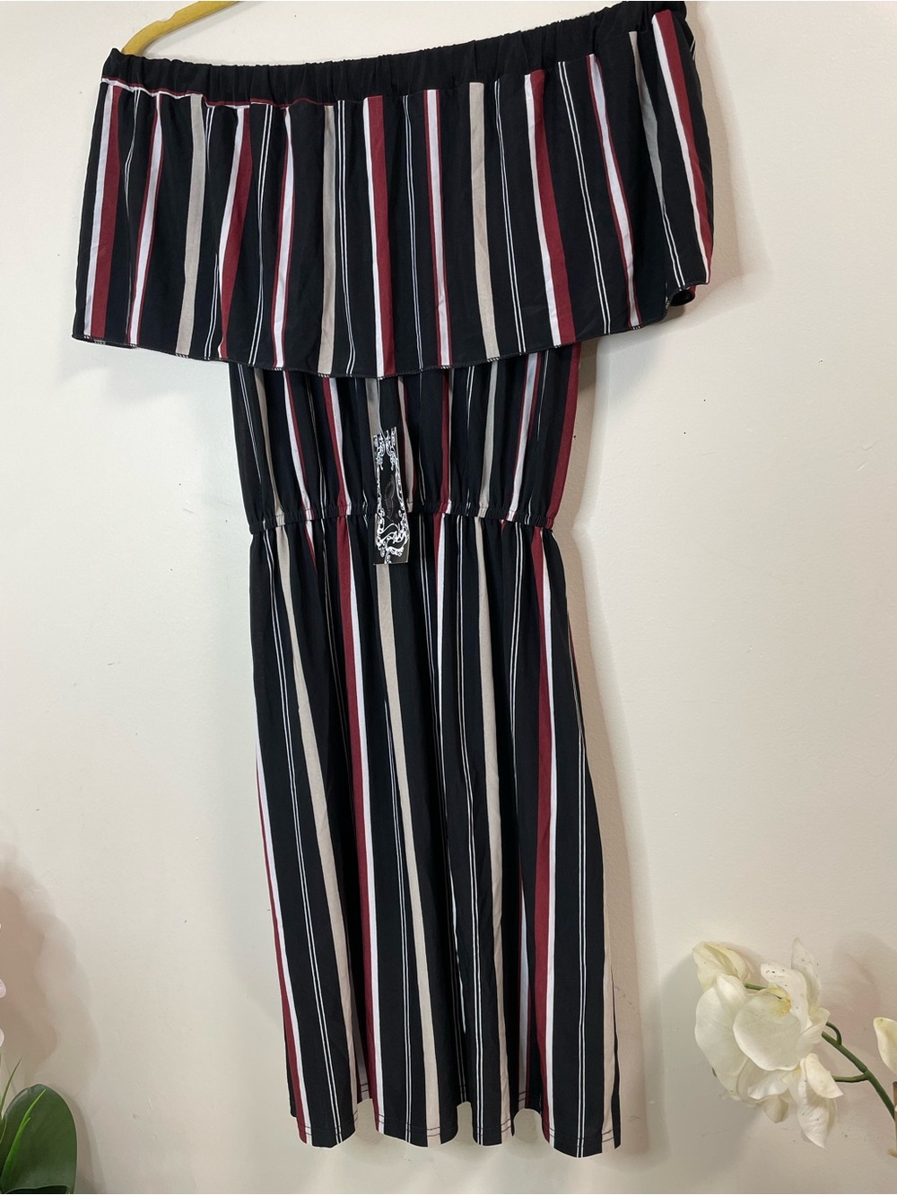 Hots-Wing Striped Off the Shoulder Ruffle Midi Dress Silk Blend Medium